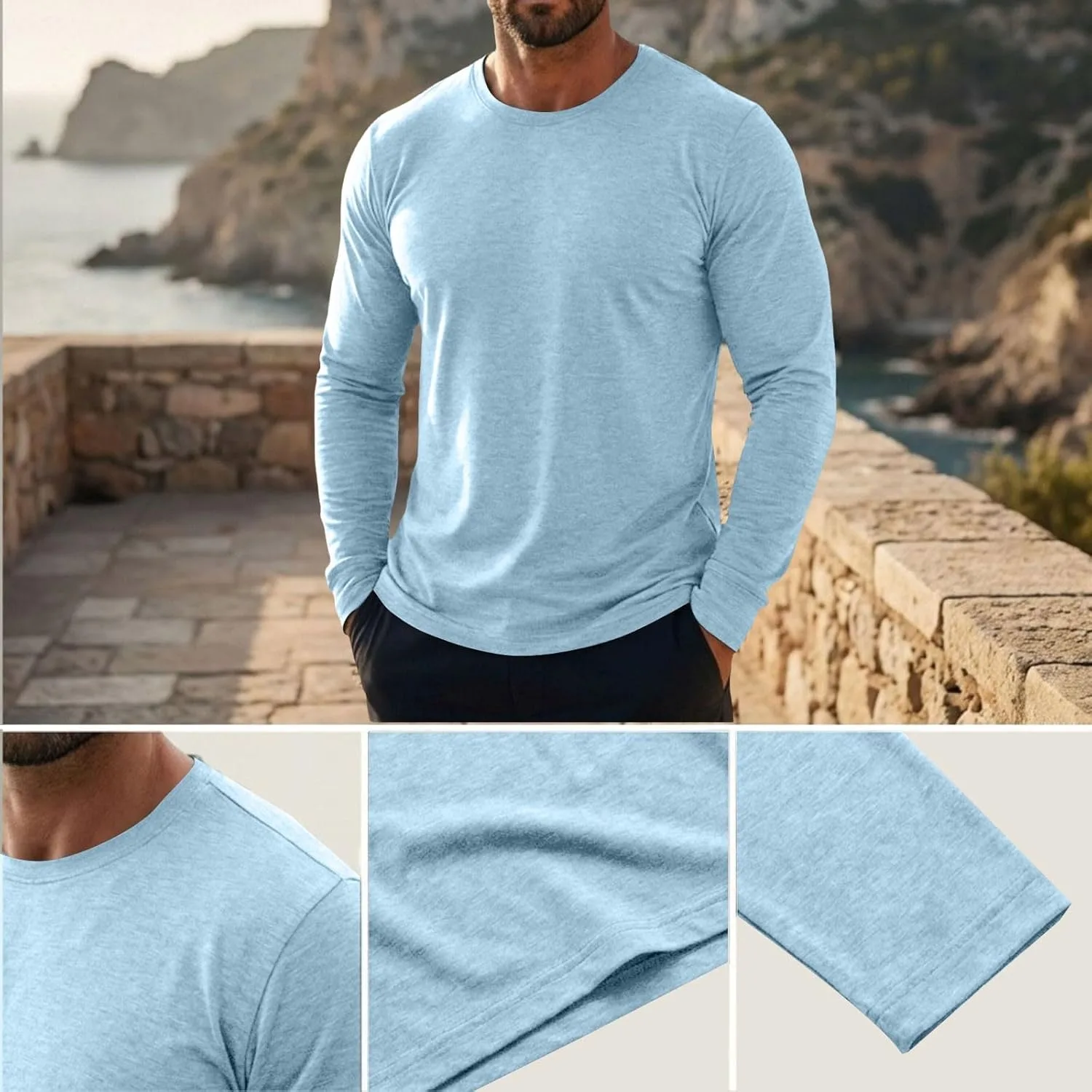 Мужская футболка с длинным рукавом Slim Fit Crewneck, базовая, однотонная, мягкая, влагоотводящая, легкая, спортивная Generic, светло-голубой — фото 4