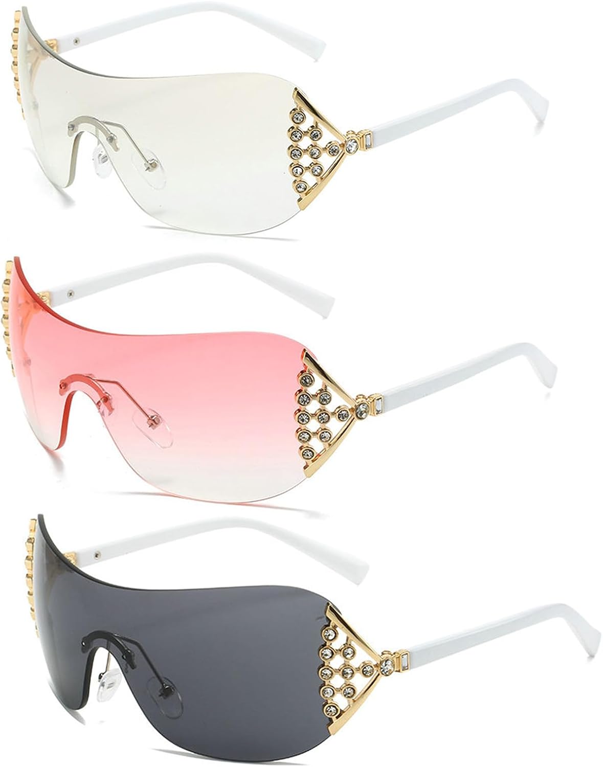 

Солнцезащитные очки Willochra One Piece с квадратными линзами и стразами, женские, без оправы, с прозрачными линзами Ocean Gradient, модные солнцезащитные очки в стиле Y2K, 3pcs-black&pink&silver