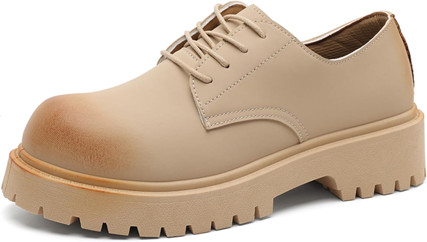 

Мужские оксфорды в британском стиле из натуральной кожи, с массивным каблуком, платформой, шнуровкой, округлый носок, противоскользящая подошва с протектором, для делового офиса, формальных событий, свадеб, повседневной ходьбы Tixewsjh, бежевый