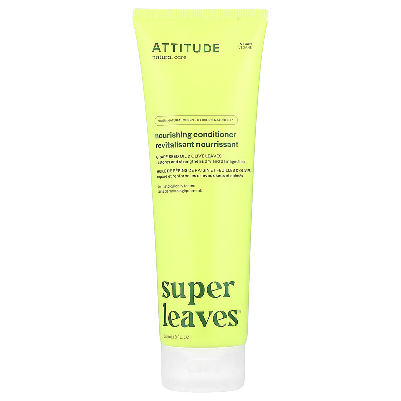 

ATTITUDE, Super Leaves Science, натуральный кондиционер, питает и укрепляет, Масло из виноградных косточек и листья оливы, 240 мл (8 oz)
