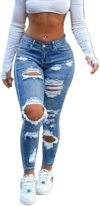 Женские джинсы Mid Waist Cropped Skinny - деним с легкой растяжкой, застежка на молнии, повседневный крой с карманами, Washed Colors Generic, Medium-Wash