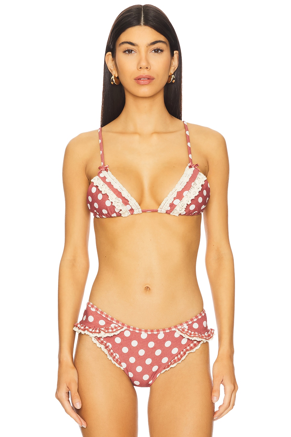 

Топ бикини из денима с узором в горошек For Love & Lemons, red