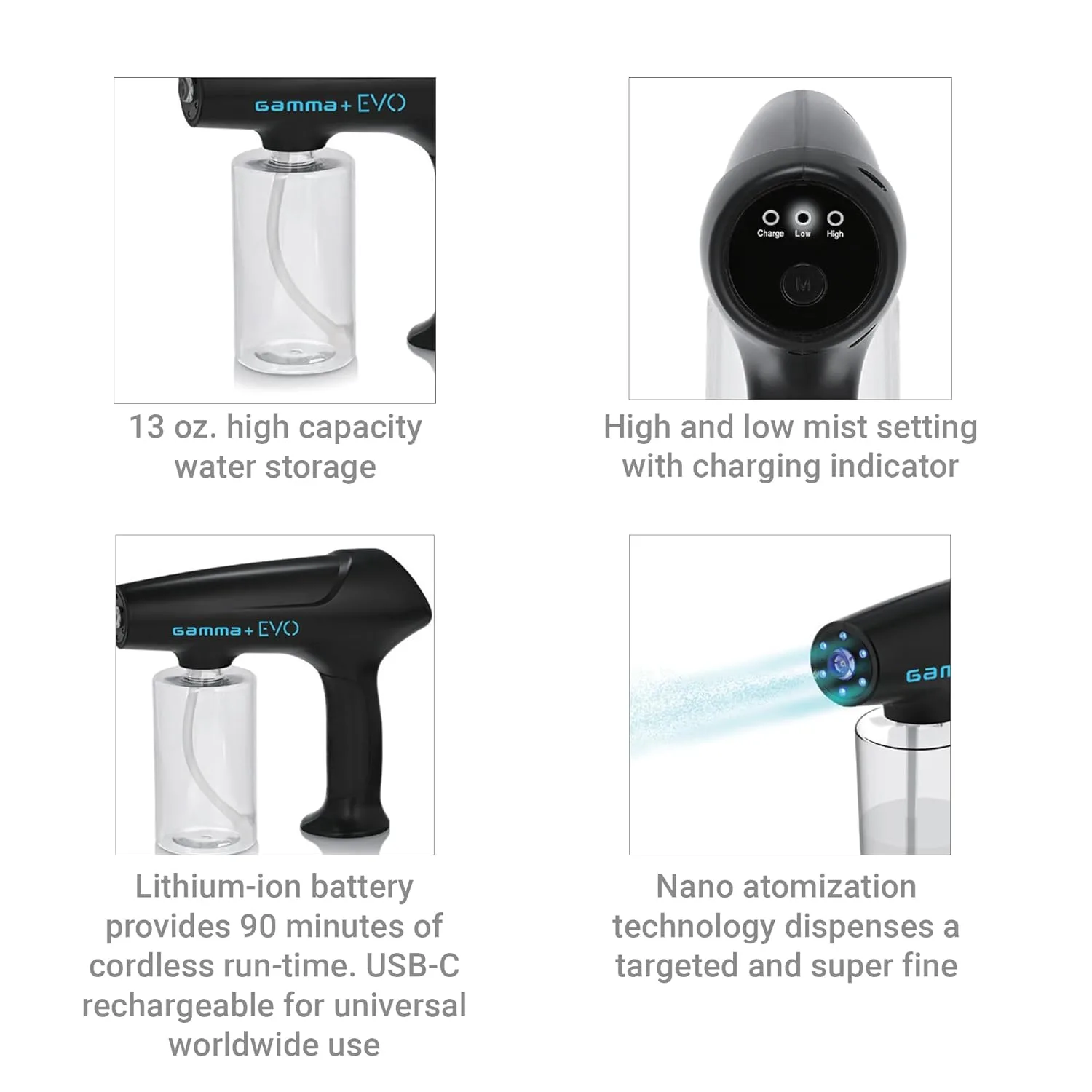 Беспроводной портативный распылитель воды GAMMA+ Evo Nano Mister, дезинфицирующий туман, перезаряжаемый через USB-C, для парикмахерских, салонов красоты и домашнего использования., Black — фото 3