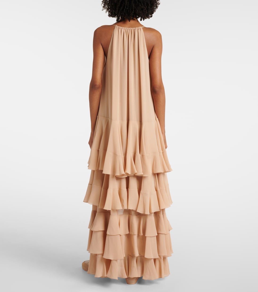 Длинное платье из многослойного шелкового жоржета Chloé, Creamy Beige — фото 3