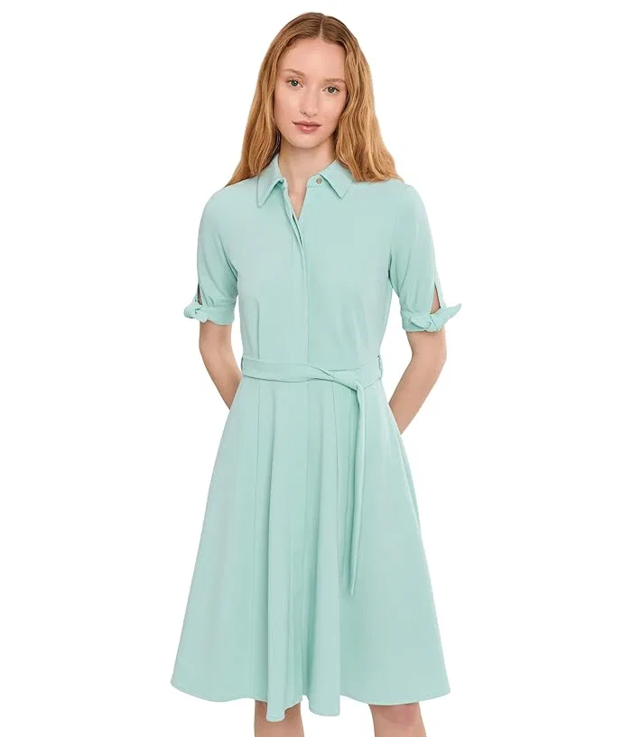 Платье с коротким рукавом Scuba Crepe Self Tie Shirt Dress Calvin Klein, Ivory Patent