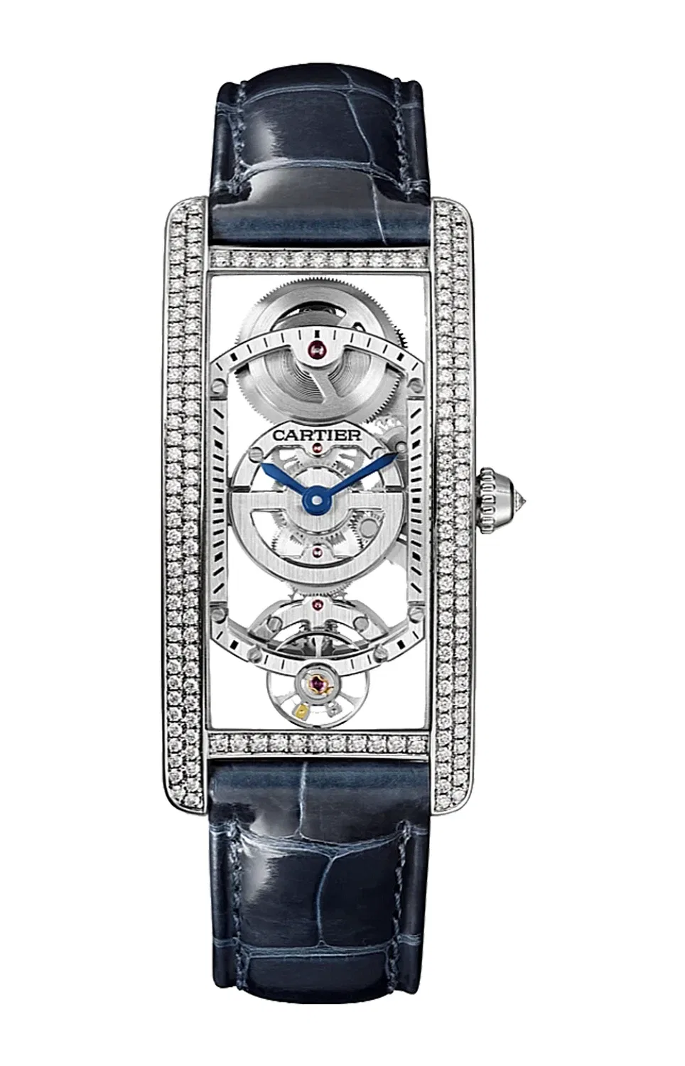 TANK CINTRÉE, платина, бриллианты, скелетонированные, с ручным заводом - HPI01123 CARTIER, синий