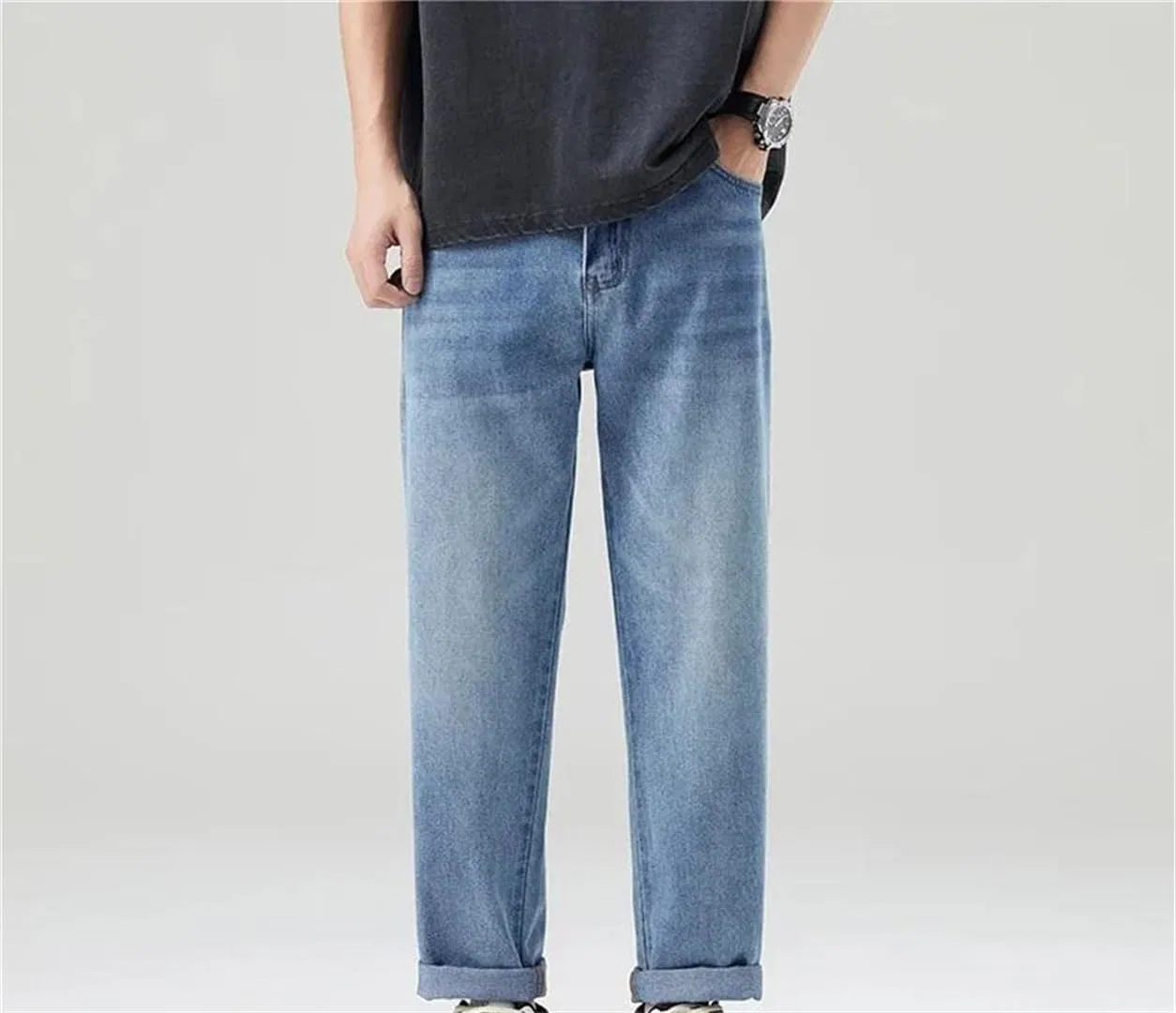 Джинсы свободные Mens Elastic Casual Jeans Cone Shaped Loose Fit Pants Wide Leg — фото 3
