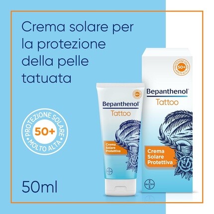 Солнцезащитный крем для татуировок Tattoo Sunscreen 50, последующий уход за татуировками, защита от солнечных лучей UVB и UVA, сохранение яркости цветов, дорожный формат 50 мл Bepanthenol — фото 2