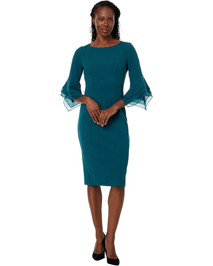

Платье Adrianna Papell Stretch Knit Crepe Sheath Dress with Tiered Organza Bell Sleeve, цвет Hunter