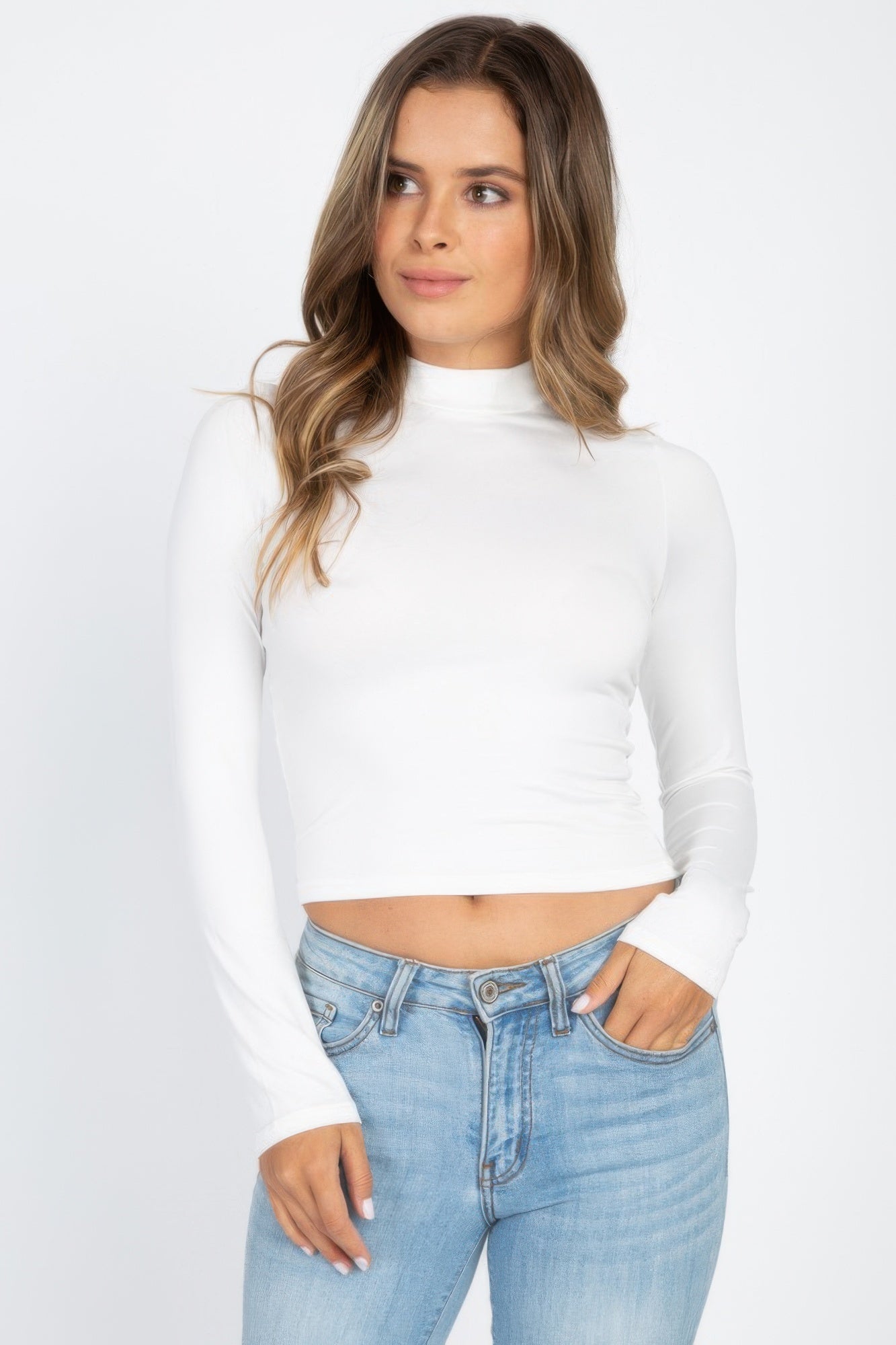 

FASHNZFAB Женский однотонный топ с воротником-стойкой и длинными рукавами, белый