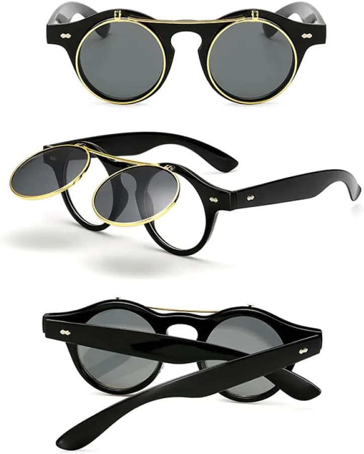 

Модные круглые солнцезащитные очки в стиле стимпанк с откидными линзами, винтажные, с двухслойными линзами, классические солнцезащитные очки UV400 TYUVIVO, Black Pink