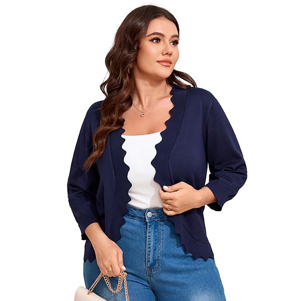 

Кардиган для женщин Plus size с рукавом 3/4, легкий, с волнистыми краями Seoria, Navy Blue