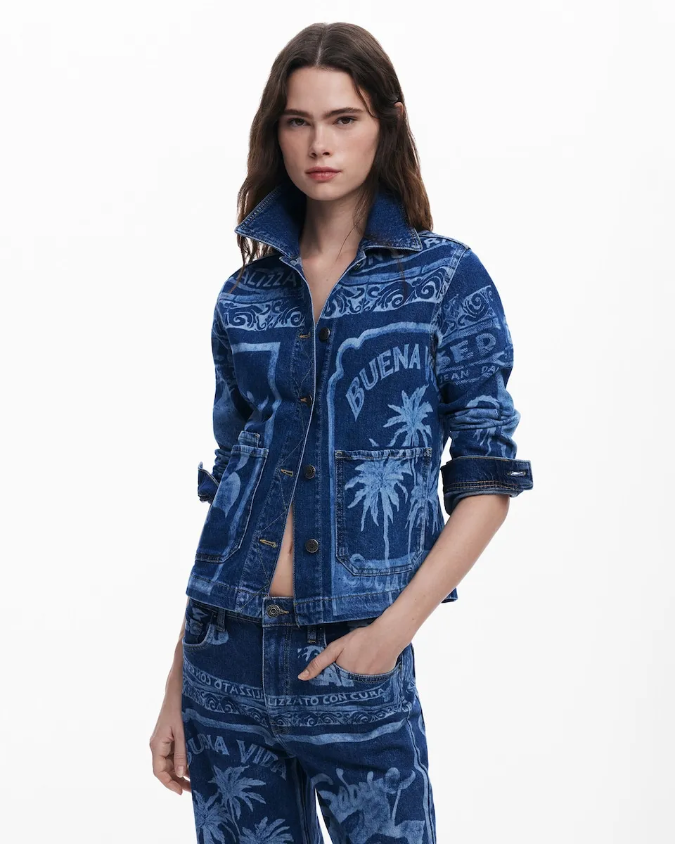 

Женская джинсовая куртка с принтом открытки Desigual, синий