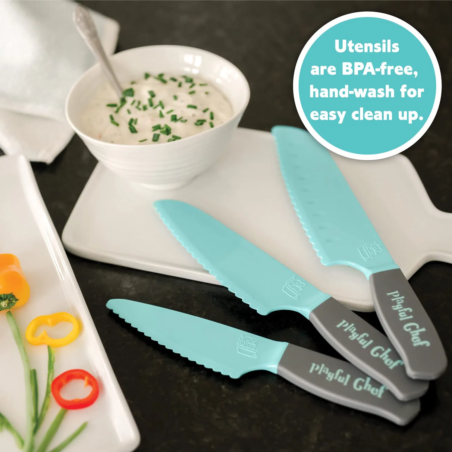Набор безопасных детских ножей Playful Chef из 3 предметов, бирюзовый, от MindWare — фото 4