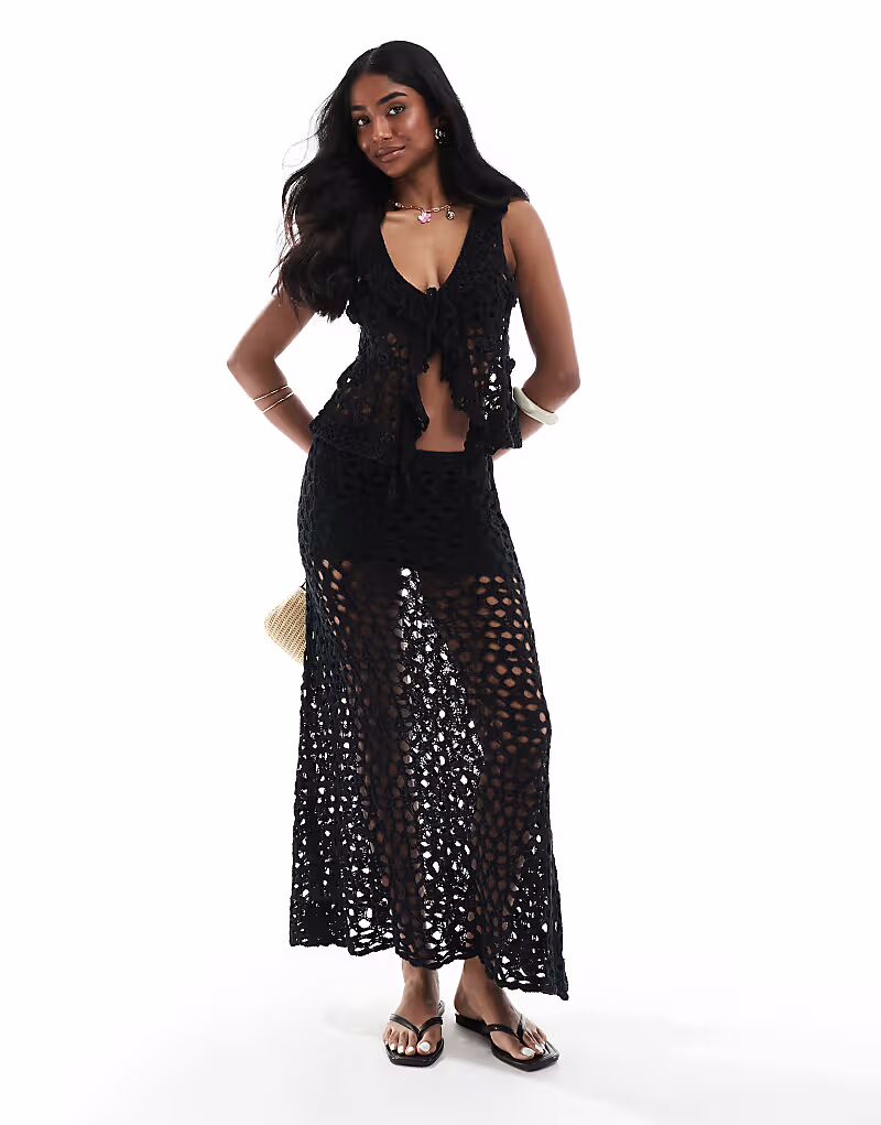 

Юбка миди, связанная крючком, черного цвета Pull&Bear