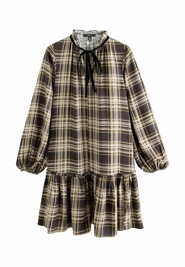 Платье повседневное с длинными рукавами, укороченное Next, Brown Check