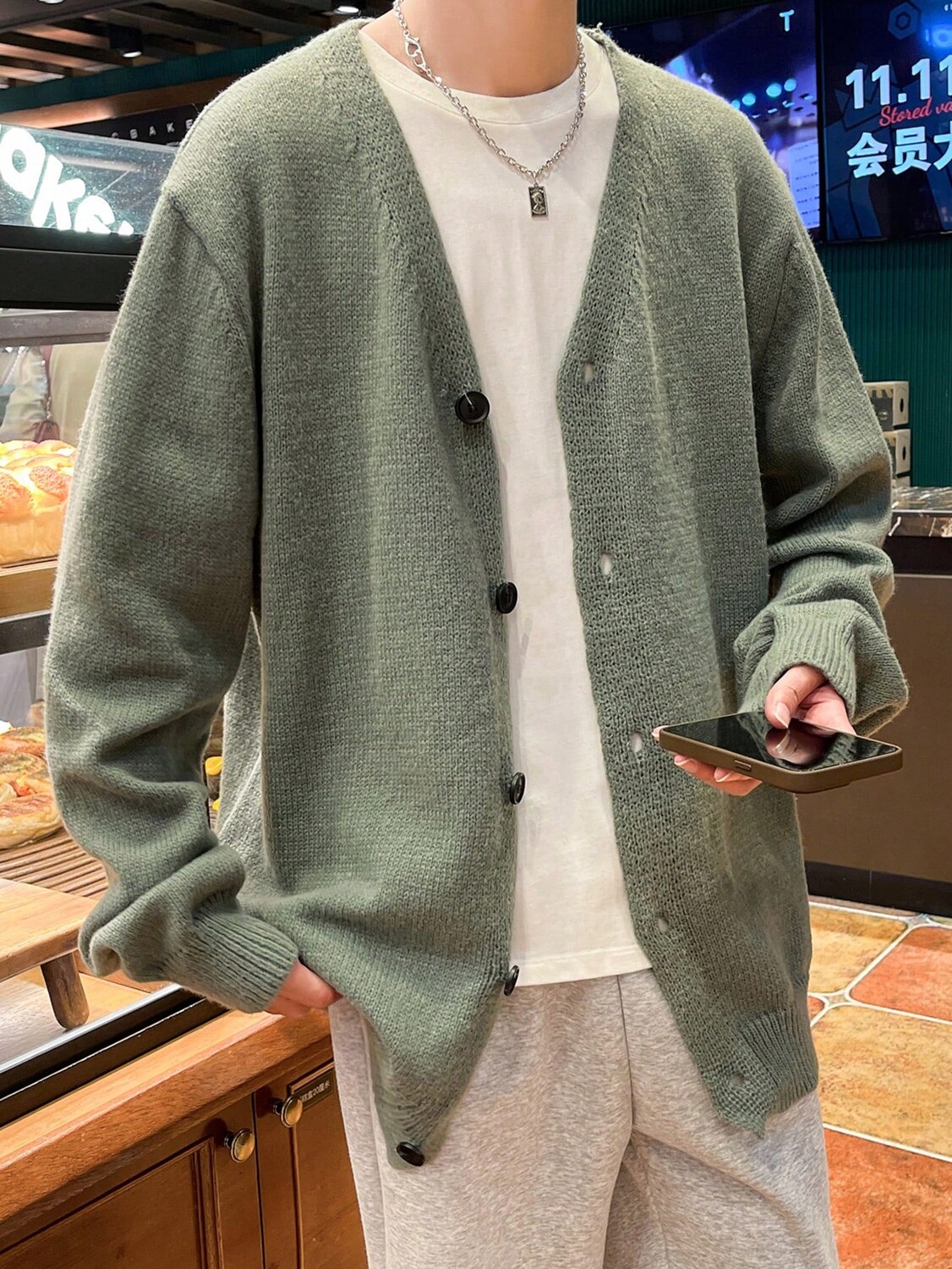 

Муж. Однотонный Кардиган на пуговицах спереди с заниженными плечами Oversize Однотонный Светло-Зеленый Для работы Базовые вещи Друзья Manfinity, темно-зеленый