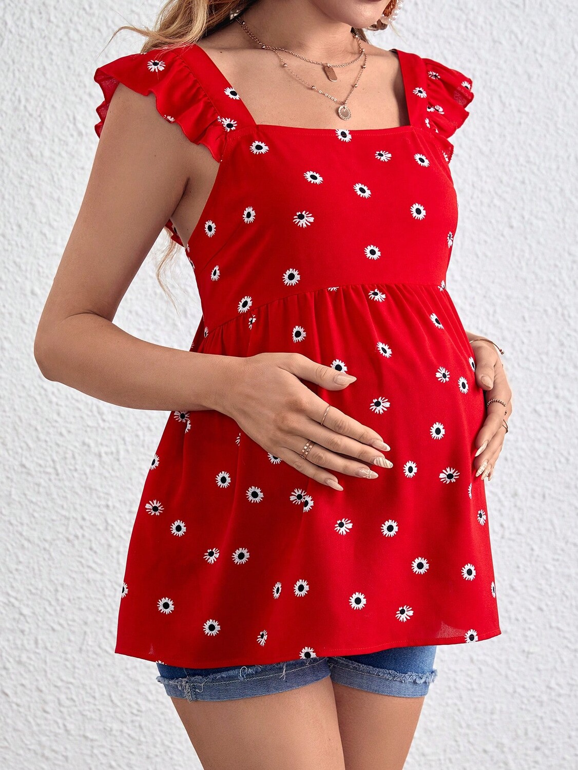 

SHEIN блузка для беременных, узор ромашки, завязка сзади, открытые плечи, рюши/рюши, темно-белый/бордовый