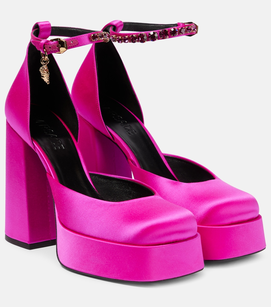Атласные туфли-лодочки Medusa Aevitas на платформе Versace, Deep Fuxia-Versace Gold