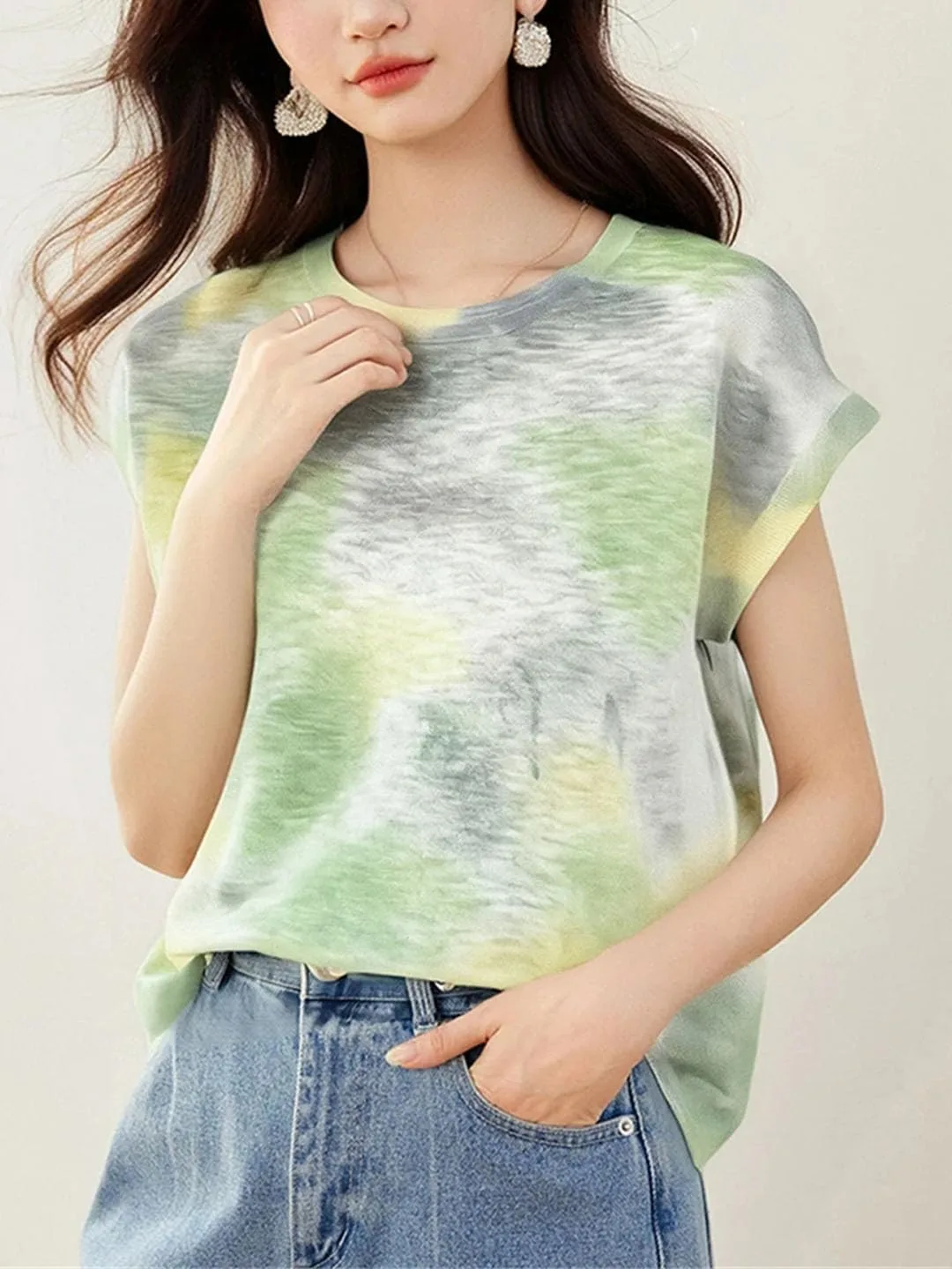 Женская футболка с круглым вырезом и коротким рукавом в стиле Korean Fashion Tie Dye — фото 4