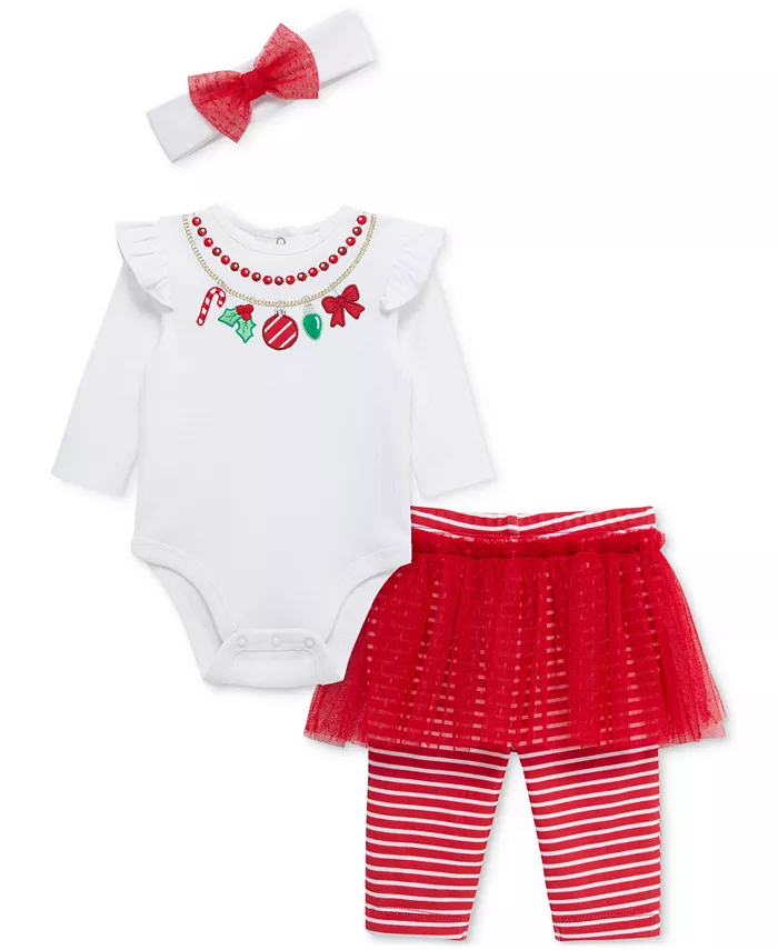 

Праздничный комплект для девочек: боди с вышивкой, повязка на голову и юбка-леггинсы, 3 предмета Little Me