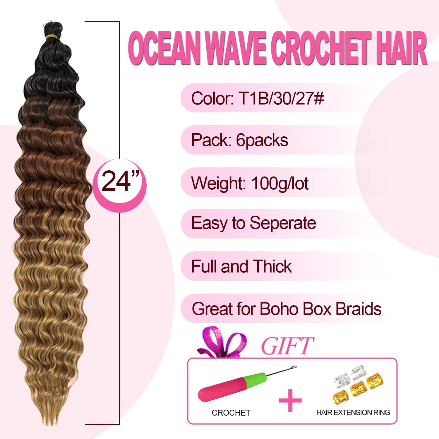 Искусственные волосы Ocean Wave Braid для афрокосичек, 6 упаковок Labooe, 1B/30/27# — фото 2