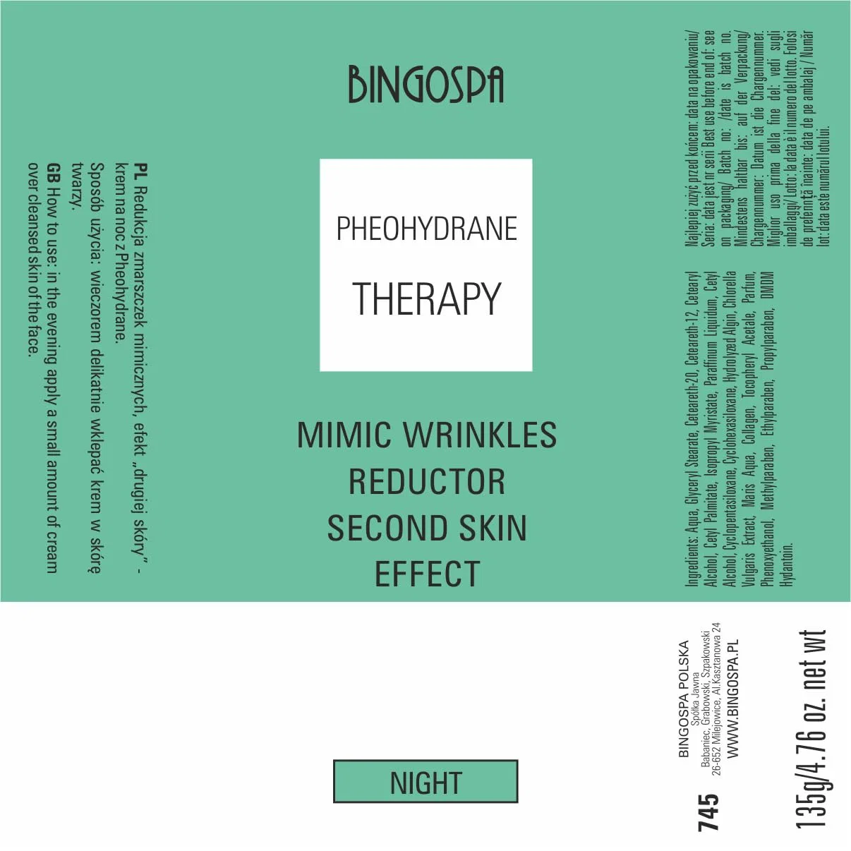 Крем для лица Bingospa — Ночной с феогидраном для уменьшения морщин и эффектом «второй кожи», 135 г