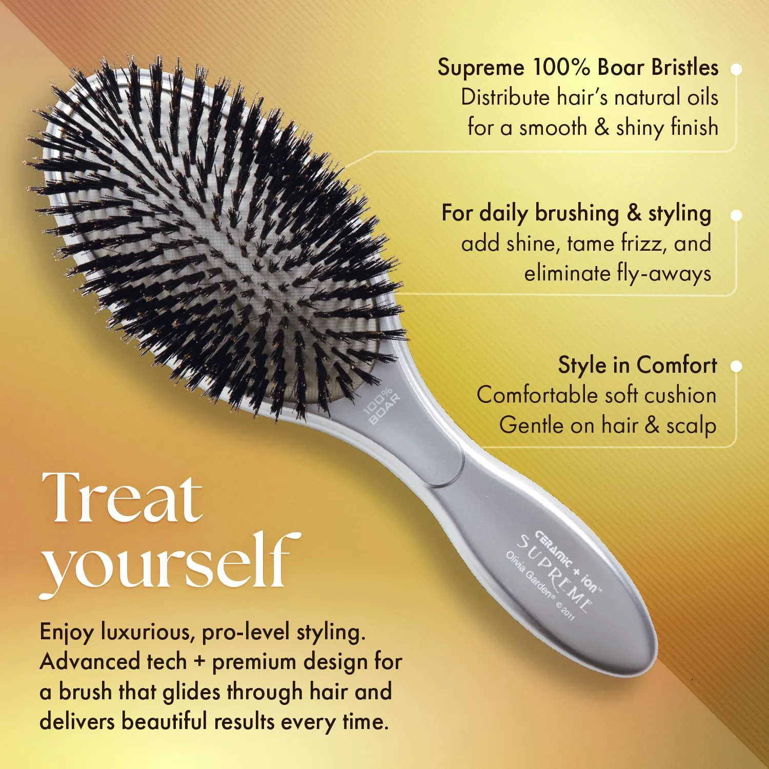 Расческа-щетка Olivia Garden Ceramic + Ion Supreme Styler Cushion Paddle Brush - на основе кабаньей щетины и ионов для блеска, контроля пушистости и разглаживания волос. 100% щетина кабана, Silver — фото 3