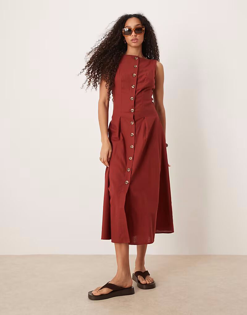 

Платье-жилет миди на пуговицах с косым вырезом ASOS DESIGN бордового цвета