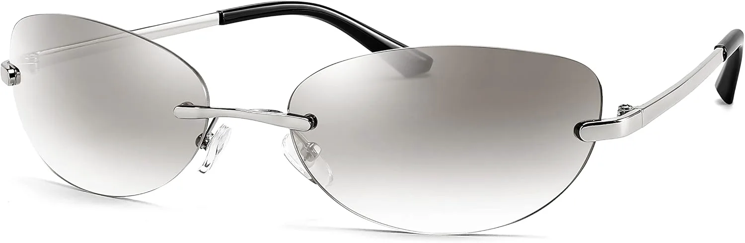 

FEISEDY Модные солнцезащитные очки без оправы овальной формы для женщин и мужчин в стиле ретро 90-х, модель Y2K, артикул B2393, 002 Silver Frame | Clear Silver Lens