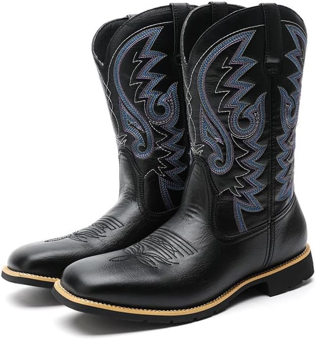 

Классические ковбойские сапоги Western Brown из кожи с вышивкой для мужчин, сапоги с широким голенищем, стиль кантри Generic, черный