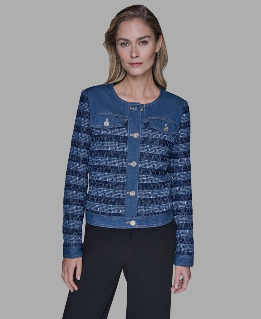 

Женская твидовая куртка с круглым вырезом и джинсовой отделкой KARL LAGERFELD PARIS, Blue Aura/french Blue Multi