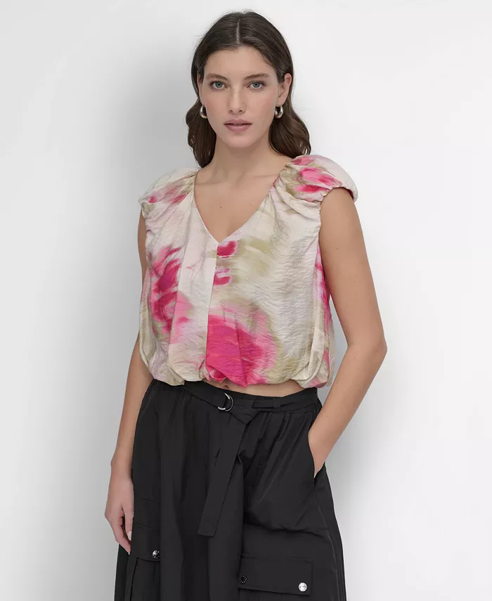 

Женский топ с V-образным вырезом и короткими рукавами в цветочном принте DKNY, розовый