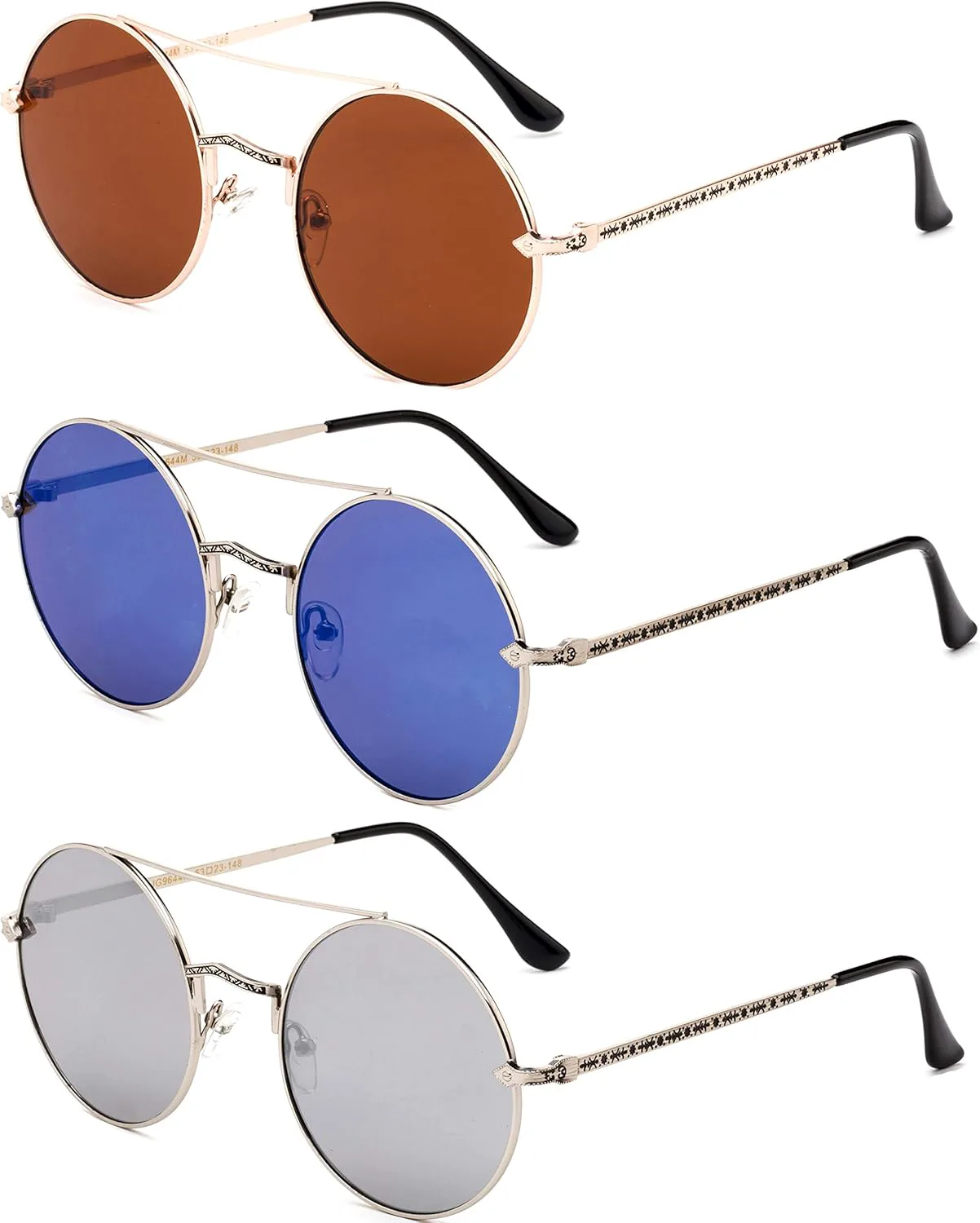 

Комплект из 3 солнцезащитных очков в круглой металлической оправе с двойной перемычкой для женщин и мужчин Newbee Fashion, 3 Pack Gunmetal, Blue & Mirror