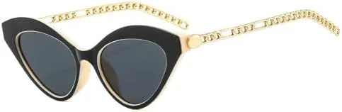 

Модные солнцезащитные очки с металлической цепочкой 2027 года для женщин, винтажные, в маленькой оправе «кошачий глаз», летние очки для женщин MTZJH, Black and Beige