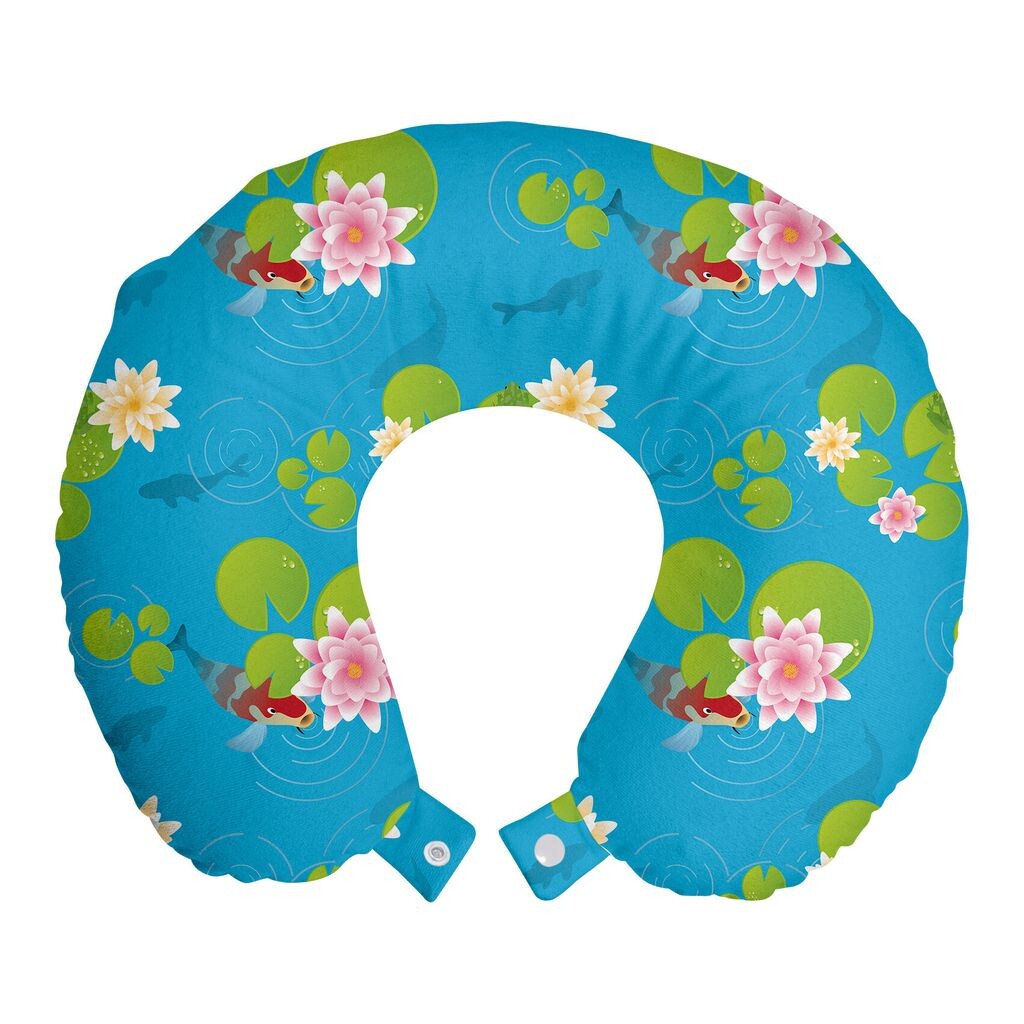 

ABAKUHAUS Pond Travel Pillow Подушка для шеи, Плавание рыб и лягушек кои, Пенопластовые дорожные принадлежности для самолета и автомобиля, 30x30 см, Небесно-голубой разноцветный