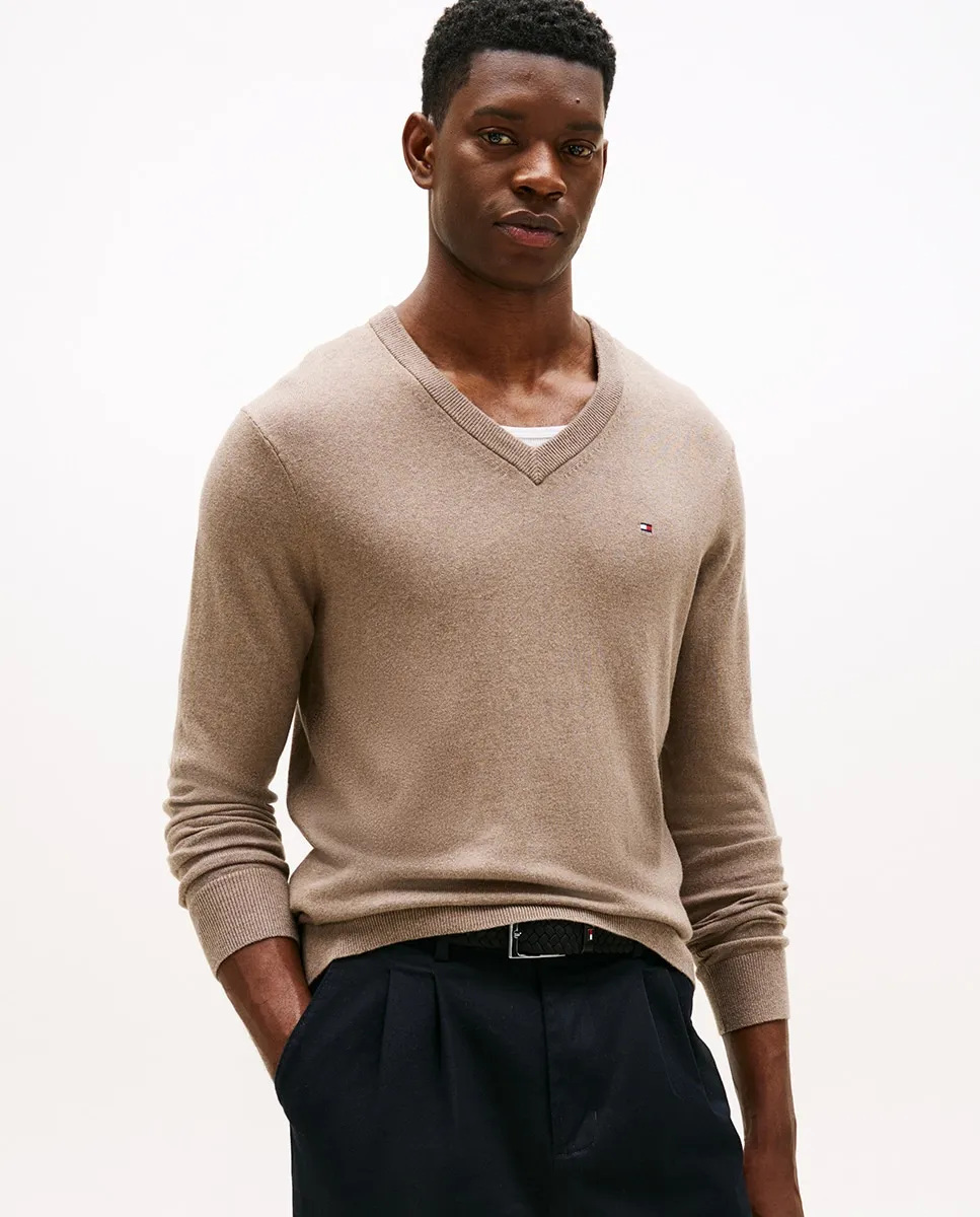 

Мужской однотонный джемпер с V-образным вырезом Tommy Hilfiger, бежевый