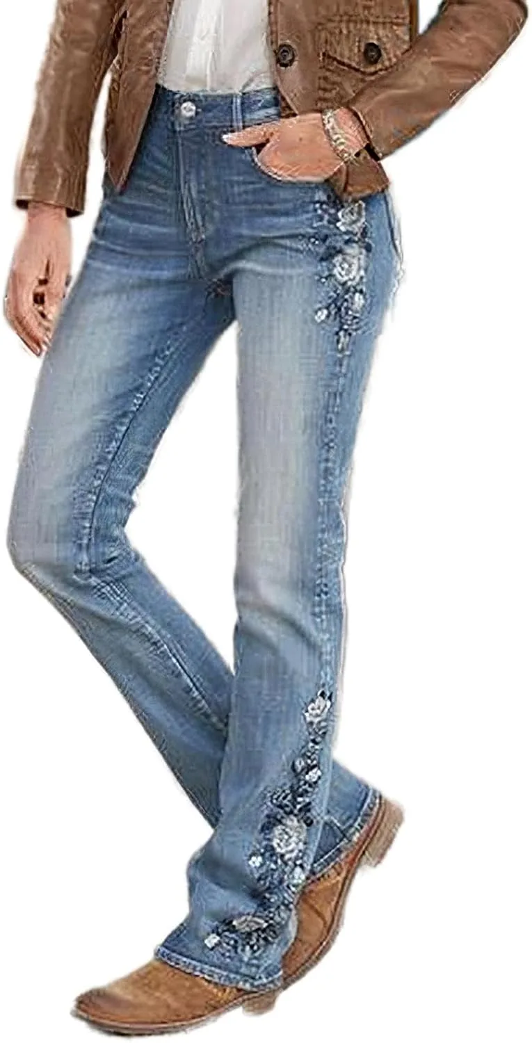 

Женские джинсы с цветочной вышивкой wide legs plus size high rise flare stretch bell bottom TIAFORD