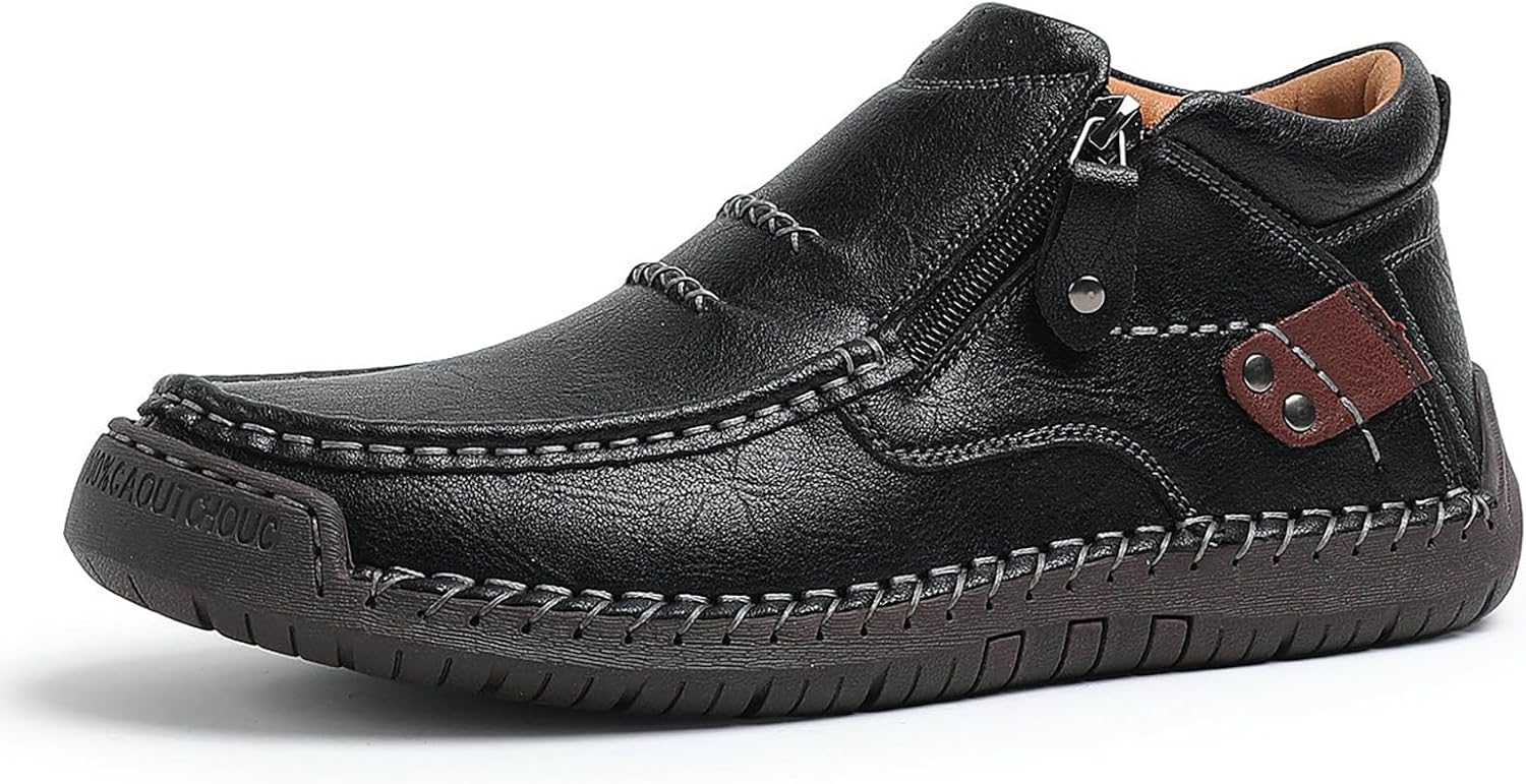 

Мужские кожаные ручной работы туфли на платформе, кожаные ботинки Чукка до щиколотки, модные с круглым носком, боковой молнией, средние по высоте, слипоны, лоферы для наряда, прогулок и вождения Forevercan, черный