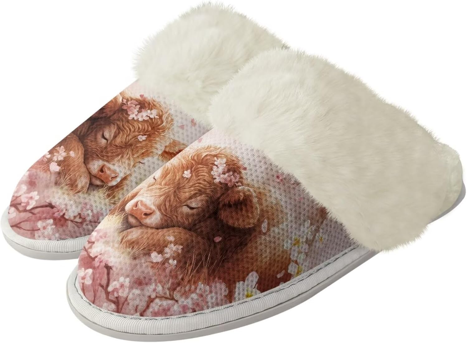 

Женские и мужские теплые тапочки мягкие плюшевые домашние тапочки с противоскользящей подошвой, пушистым воротником, для спальни, для дома и улицы Jiquruby, Cow Flower