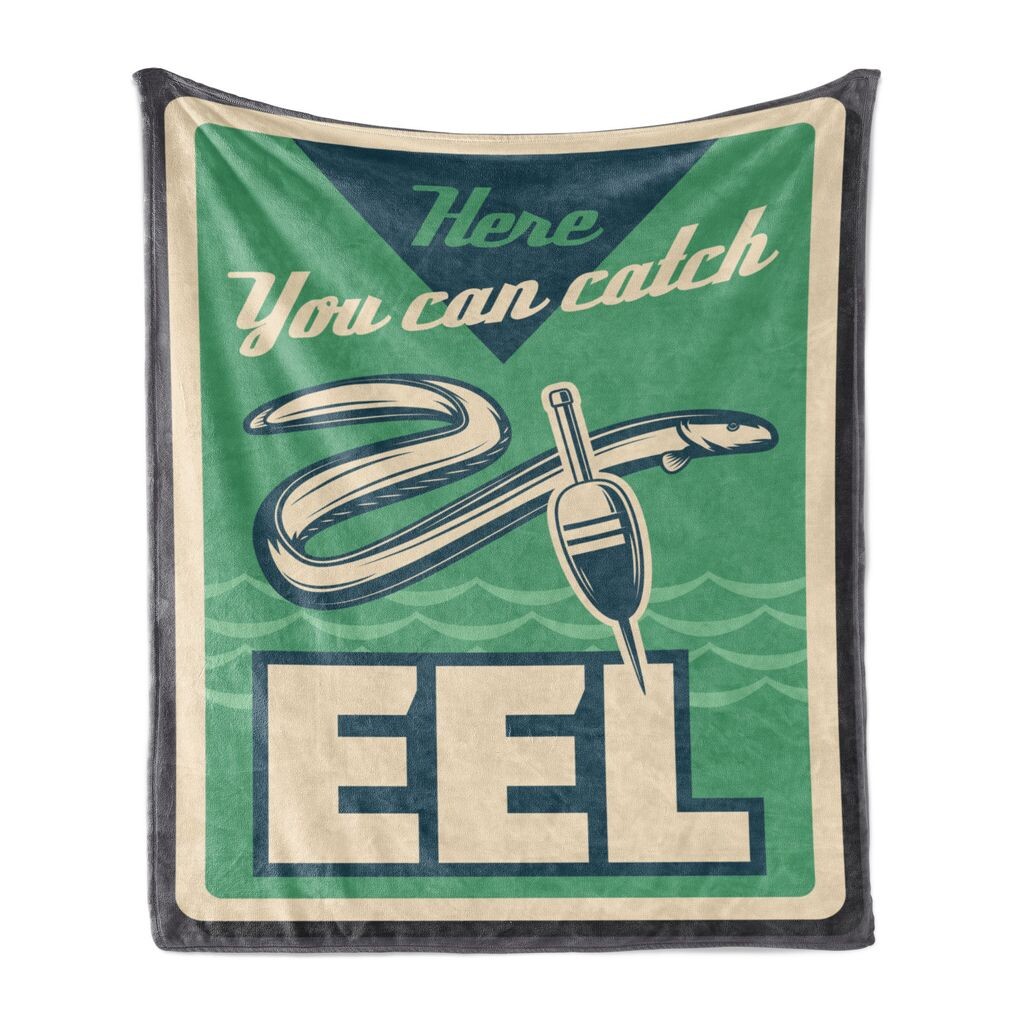 

ABAKUHAUS Fishing Theme Мягкое фланелевое флисовое одеяло, Catch Eel Retro, уютный плюш для использования в помещении и на улице, 125 x 175 см, яичная скорлупа и нефритовый зеленый цвет