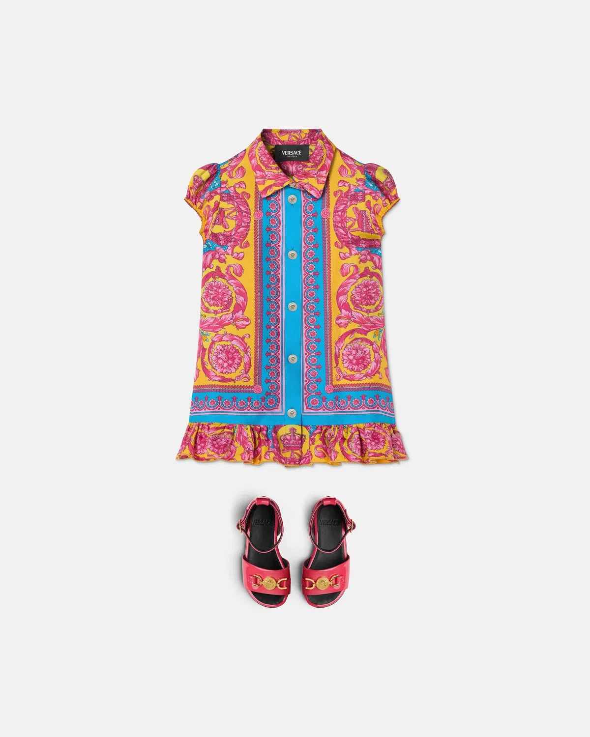Детское платье из шелкового твила с принтом VERSACE, мультиколор — фото 2