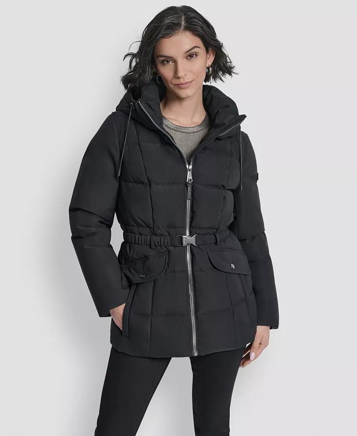 

Женское стеганое пальто с капюшоном и поясом DKNY, черный