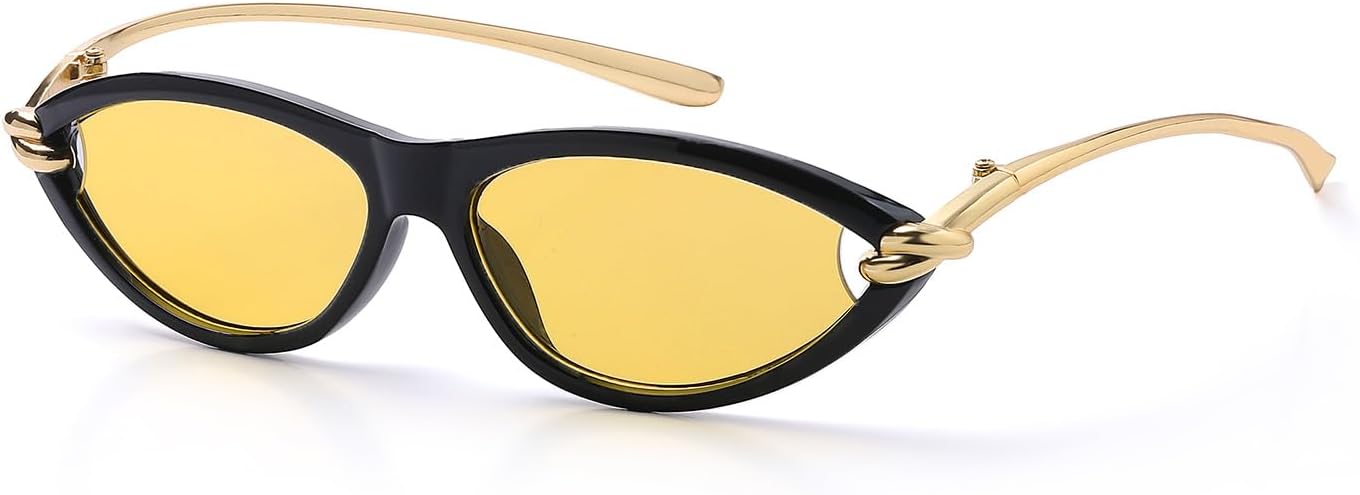 

Солнцезащитные очки «кошачий глаз» для женщин, стильные ретро-очки овальной формы в стиле 90-х, легкие, компактные, с модной защитой от УФ-излучения Kenailw, Black Frame Yellow Lens