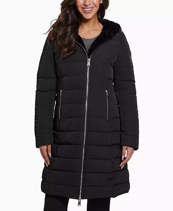 

Женское стеганое пальто с капюшоном на подкладке из искусственного меха GUESS, черный