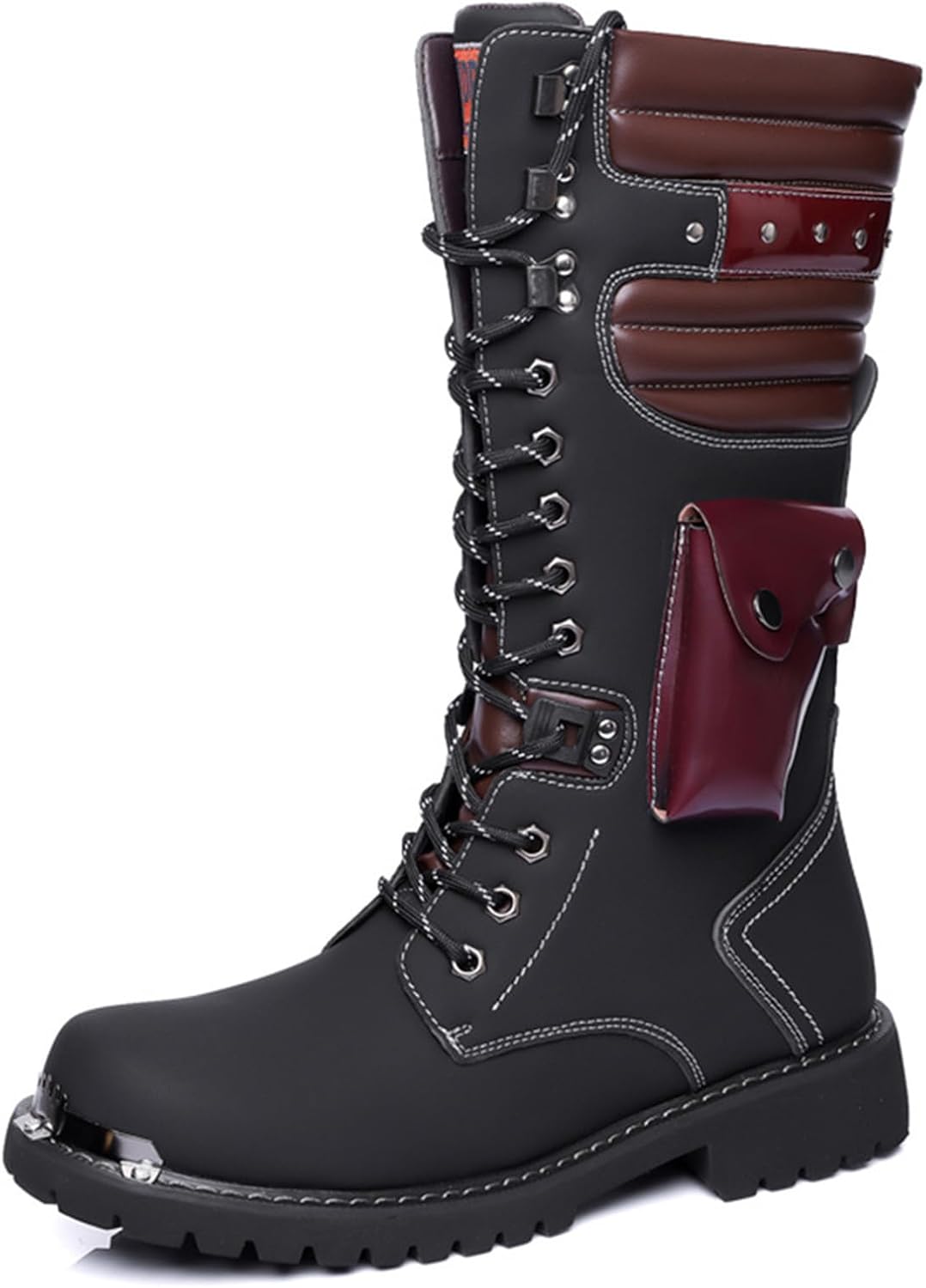 

Мужские кожаные высокие ботинки на шнуровке, мотоциклетные, средней длины, военные тактические боевые ботинки с пряжкой, британские металлические байкерские, для езды на мотоцикле, в стиле панк-рок, туристические обувь Qklmwes, черный