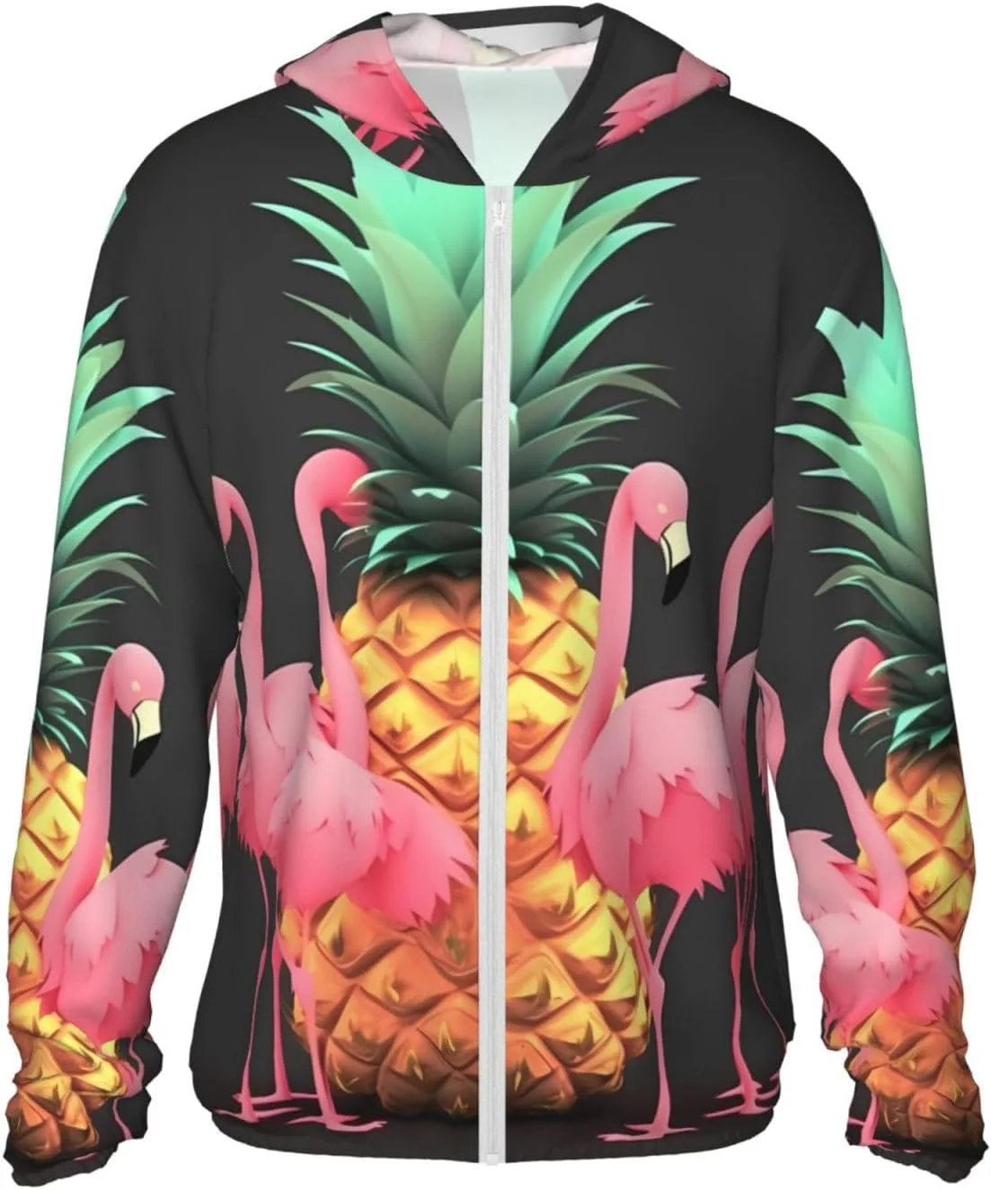 

UPF 50+ легкая куртка на молнии с капюшоном для защиты от солнца, для женщин и мужчин, с длинным рукавом, принт Pineapple Flamingos LHBWCVN