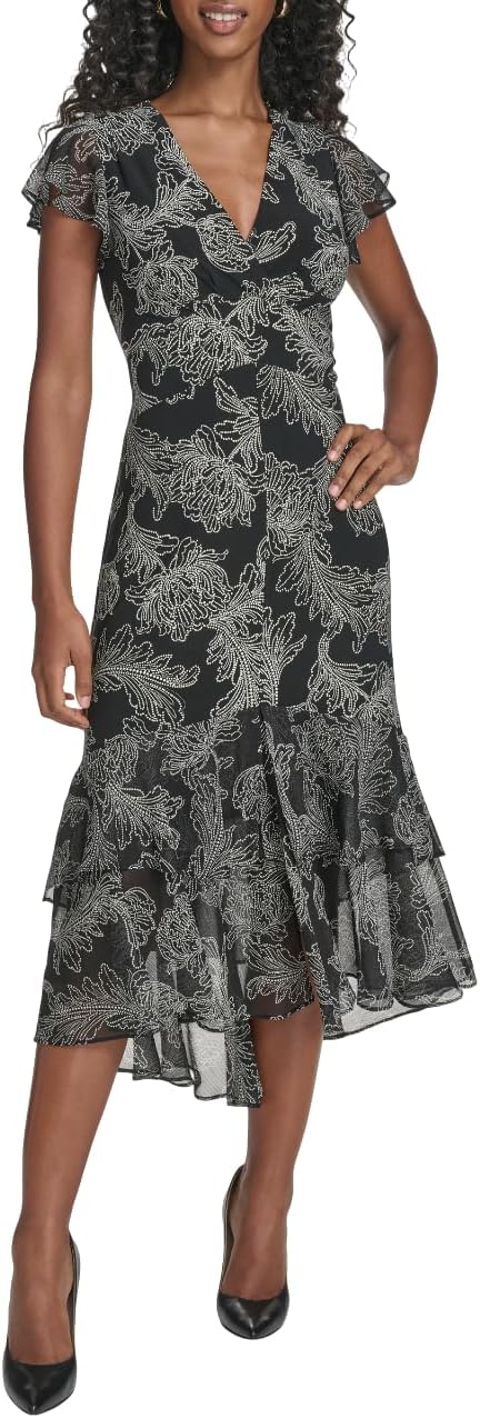 

Женское шифоновое платье Tommy Hilfiger Hi Lo с рукавами-крылышками, V-образным вырезом и оборками, Black/Ivory