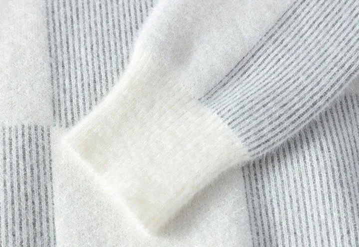 Мужской повседневный вязаный свитер в клетку с полустойкой горловиной, толстый, цветной блок, свободный, теплый Generic, черный — фото 4