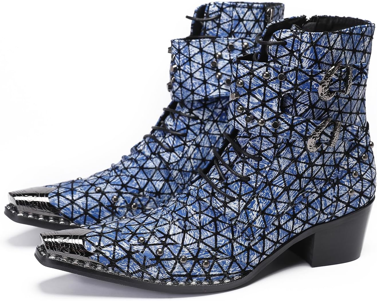 

Мужские ковбойские сапоги Santimon из натуральной кожи - западные праздничные сапоги с металлическим носком и пряжками, Сапоги до середины голени для вечеринок, рок- и мотоциклетные сапоги, синий